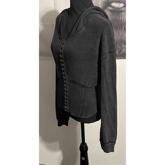 Ali &‎ Hali Hoodie Womens Small Black Waffle Knit Hook Eye Closure Pocket Casual - Picture 3 of 7